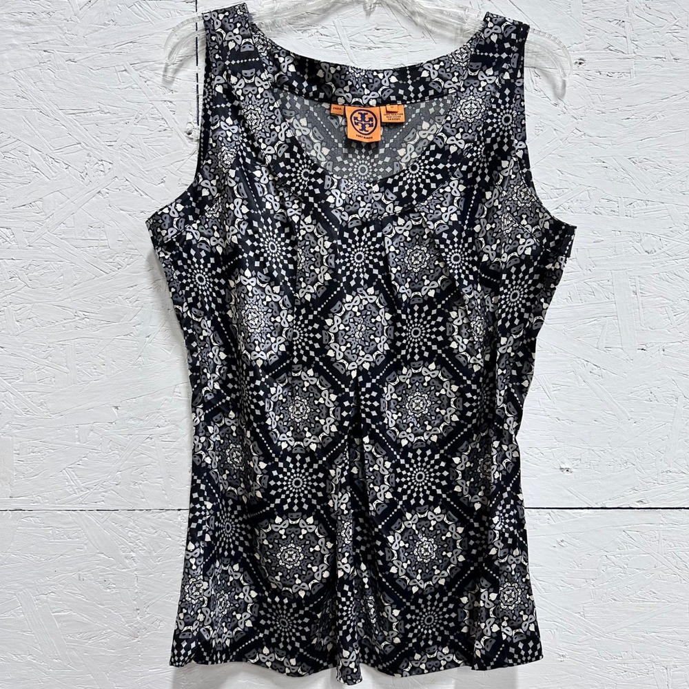 Tory Burch 12 Top Black White Silk Sleeveless Geometric Print Pleated V-Neck